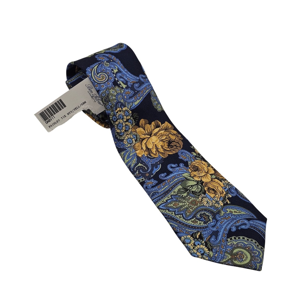 Ben‎ Silver Silk Tie Navy Yellow Floral Paisley Academia Preppy Luxury Business